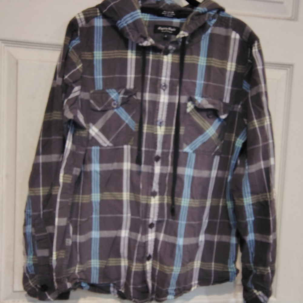 Eighty Eight Boys Size M Grey and Blue Hooded Long Sleeve Button Up Flannel